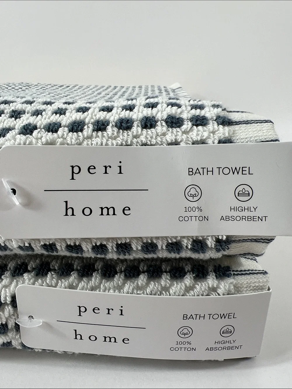 Peri Home Bath Towels Navy & White Modern Design Soft Cotton 2 Pc Set NEW
